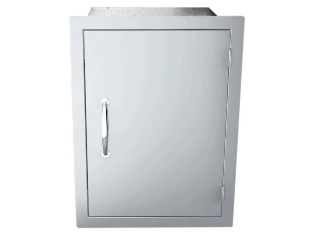 Flush single-door pantry with hinges on the right and handle on the left.