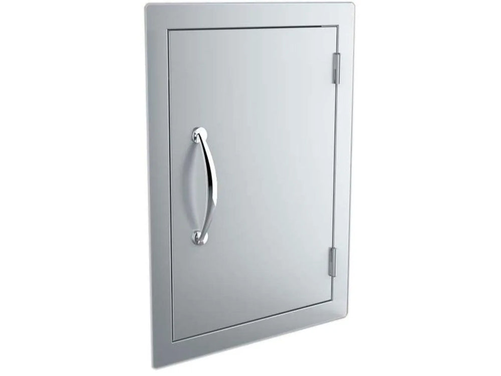 Angled view of Sunstone DV1420 stainless access door—reversible hinge design in 304 SS for outdoor kitchen storage and utility access.