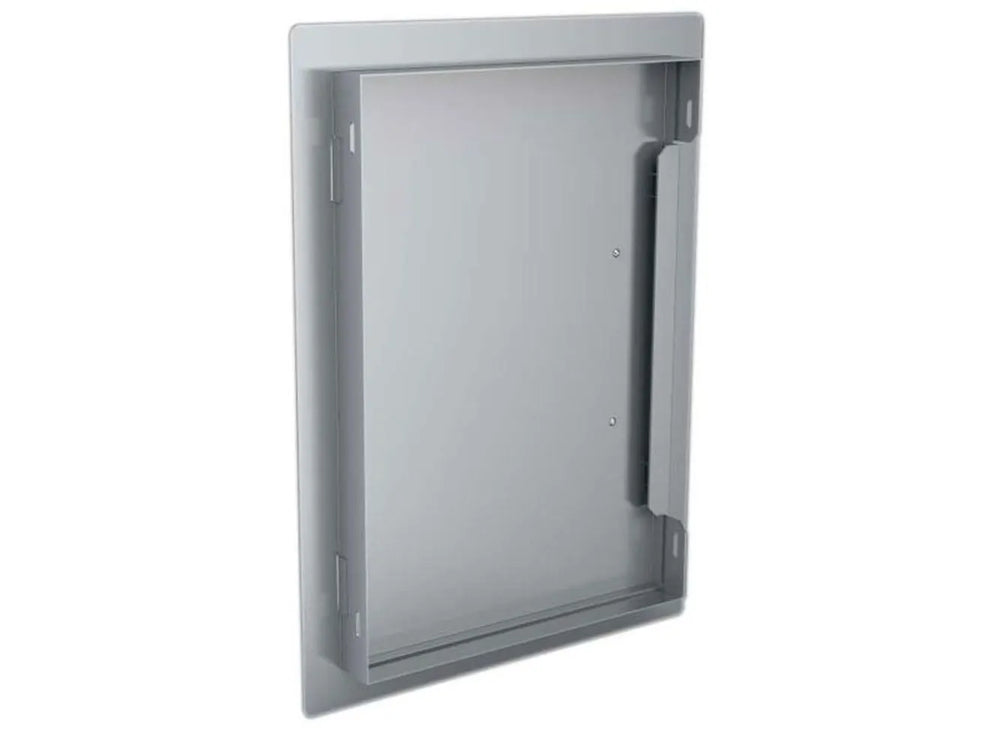 Sunstone DV1420 flush-mount access door frame showing stainless mounting flange and interior box for clean outdoor kitchen installation.