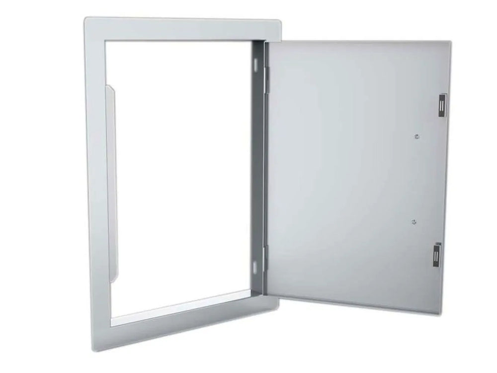 Sunstone DV1420 access door open, reversible hinge flush 304 stainless steel—shows interior frame, hinge hardware, and full access opening for utilities.