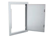 Sunstone DV1420 access door open, reversible hinge flush 304 stainless steel—shows interior frame, hinge hardware, and full access opening for utilities.