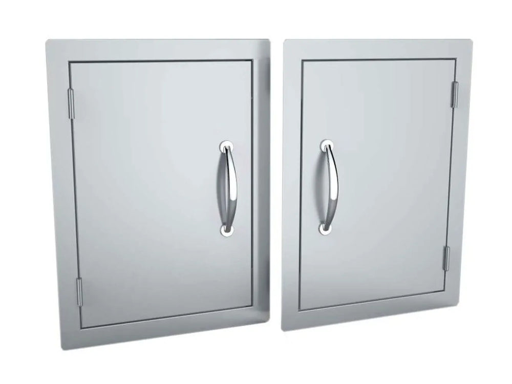 Sunstone DV1420 reversible vertical access door shown in left-swing and right-swing configurations, 304 stainless steel outdoor kitchen access panel.