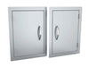 Sunstone DV1420 reversible vertical access door shown in left-swing and right-swing configurations, 304 stainless steel outdoor kitchen access panel.