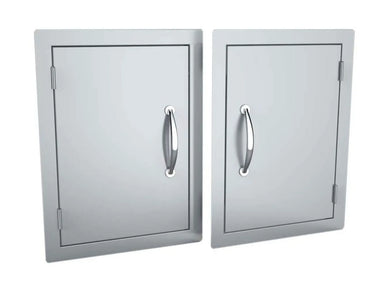 Sunstone DV1420 reversible vertical access door shown in left-swing and right-swing configurations, 304 stainless steel outdoor kitchen access panel.