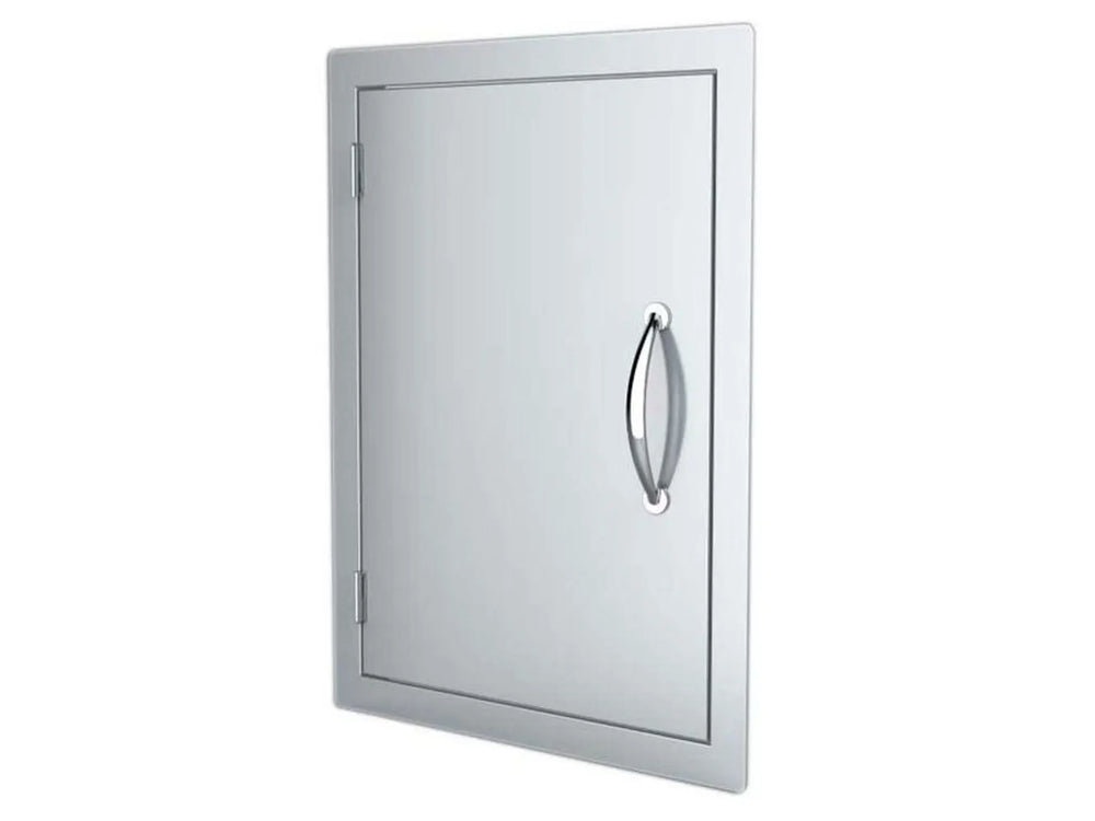 Angled view of Sunstone DV1724 17x24 access door in 304 stainless steel—weather-ready outdoor kitchen utility door with sleek handle and flush trim.