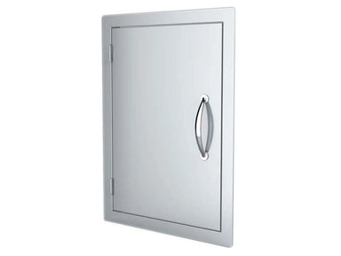Angled view of Sunstone DV1724 17x24 access door in 304 stainless steel—weather-ready outdoor kitchen utility door with sleek handle and flush trim.