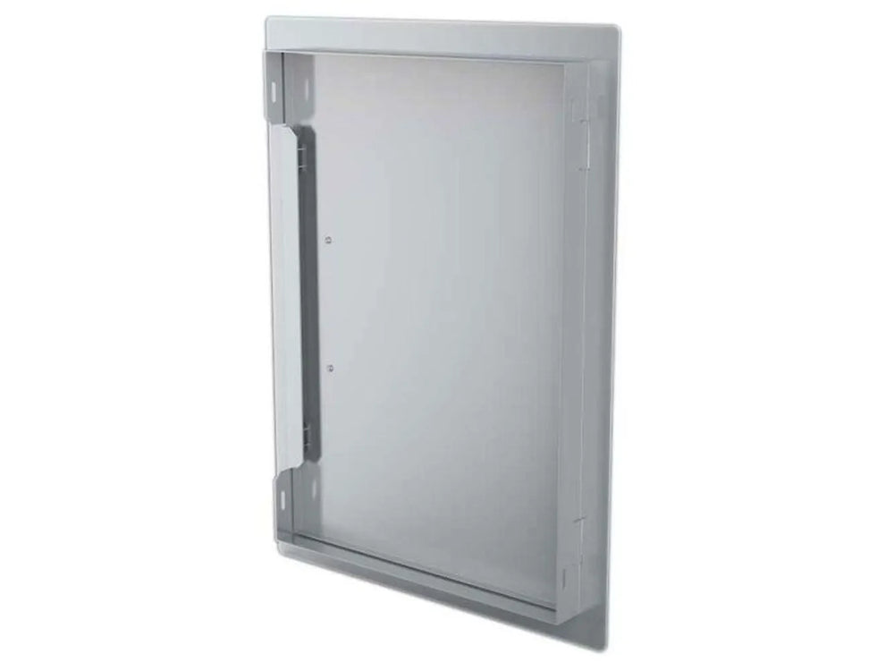 Sunstone DV1724 stainless access door showing rear box and mounting flange—flush installation frame for outdoor kitchen island access.