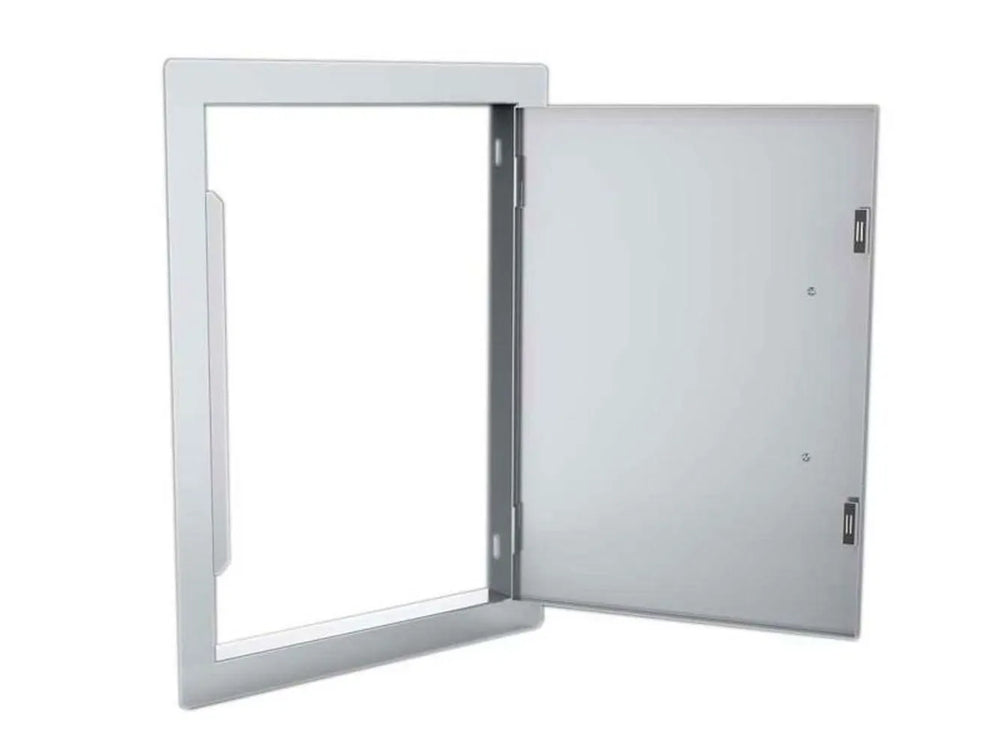 Sunstone DV1724 access door shown open—full-access opening with reversible-style install look, 304 stainless steel construction for outdoor kitchen utilities.