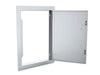 Sunstone DV1724 access door shown open—full-access opening with reversible-style install look, 304 stainless steel construction for outdoor kitchen utilities.