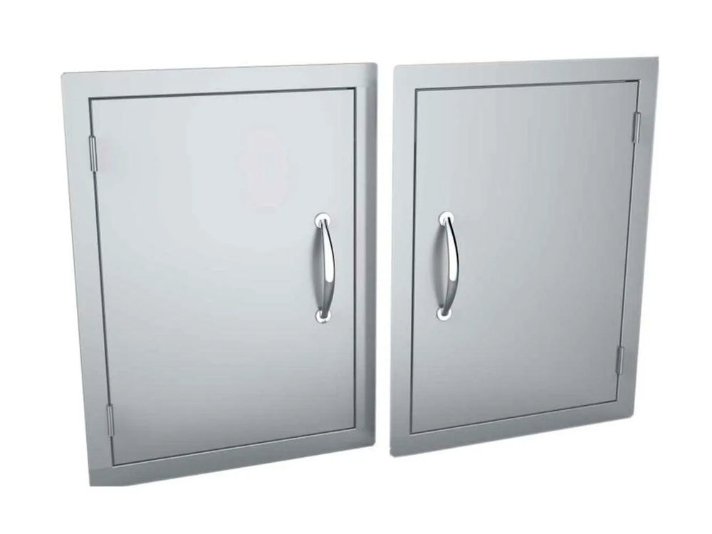 Sunstone DV1724 shown in left-swing and right-swing orientations—17" x 24" 304 stainless vertical access door for outdoor BBQ island storage/utility access.