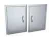 Sunstone DV1724 shown in left-swing and right-swing orientations—17" x 24" 304 stainless vertical access door for outdoor BBQ island storage/utility access.