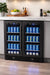 KingsBottle KBU165B2 black double-door beverage fridge built-in under a marble kitchen counter, fully stocked with soda cans and featuring signature blue interior LED lighting.