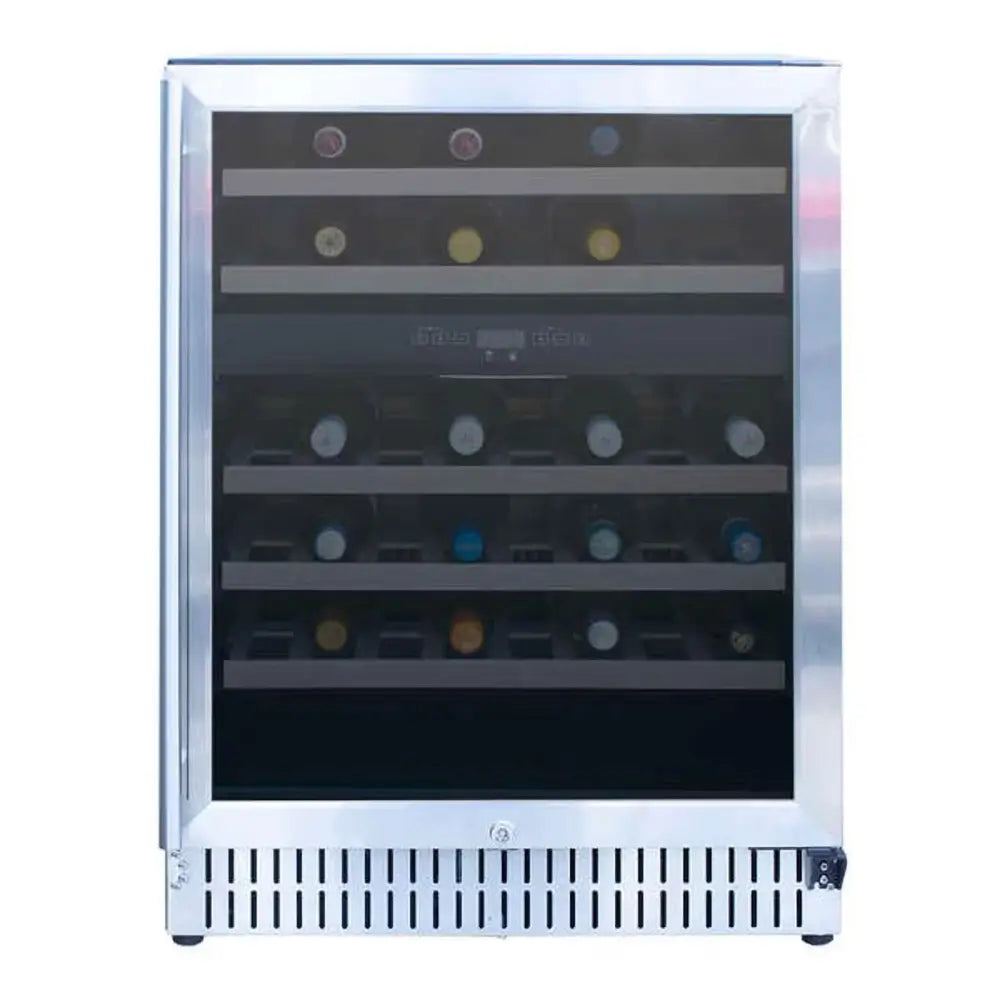 	Front view of Summerset RFR-24WD dual zone wine cooler with stainless steel frame and internal bottles.