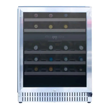 	Front view of Summerset RFR-24WD dual zone wine cooler with stainless steel frame and internal bottles.
