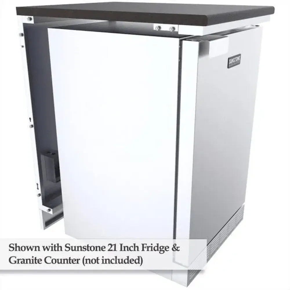 Sunstone SCC21SPE 21" back appliance panel shown with Sunstone 21-inch outdoor fridge and granite countertop (not included).