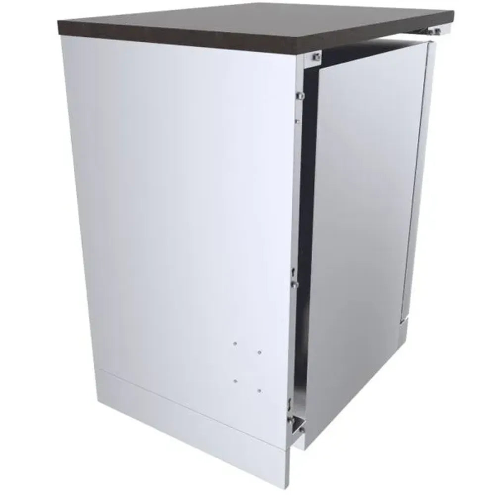 Sunstone SCC21SPE 21" stainless back appliance panel, outdoor kitchen cabinet rear enclosure with counter overhang.