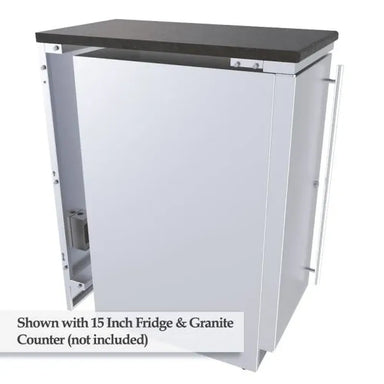 Sunstone SCC15SPE 15" back appliance panel shown with 15-inch fridge and granite countertop (not included), outdoor kitchen island enclosure.