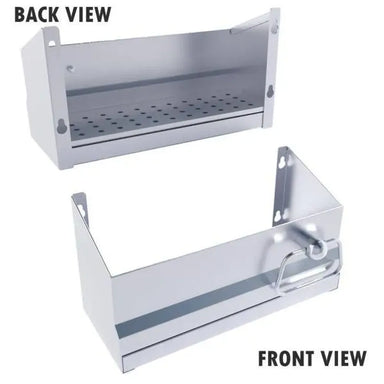 Cocktail Tender BC-BC14 stainless bar caddy shown front and back view, wall-mount speed rail with drip tray and towel holder.