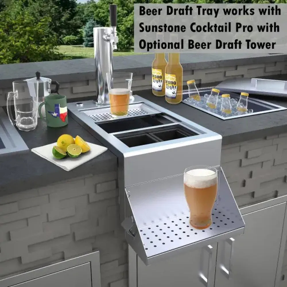 Sunstone BC-DT14 draft beer drip tray mounted on Cocktail Pro Station with optional draft tower, stainless drip tray for outdoor bar.