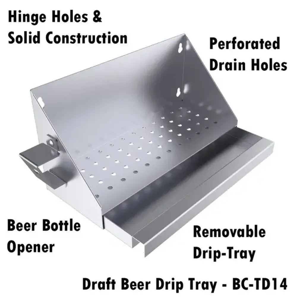 Sunstone BC-DT14 beer draft drip tray with bottle opener, perforated drain holes and removable drip tray, stainless steel bar accessory.