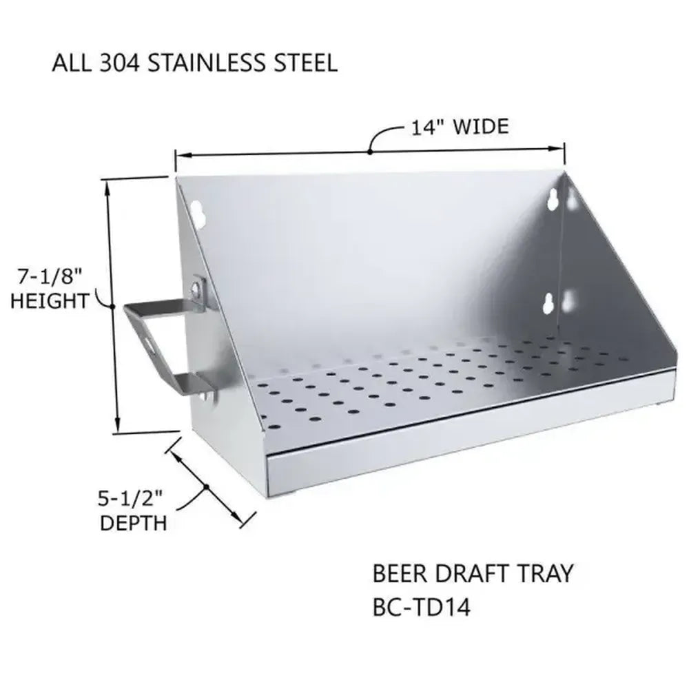 Sunstone BC-DT14 304 stainless beer draft drip tray with opener, 14-inch wide wall-mount tray with perforated drain holes.