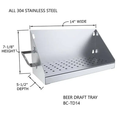 Sunstone BC-DT14 304 stainless beer draft drip tray with opener, 14-inch wide wall-mount tray with perforated drain holes.