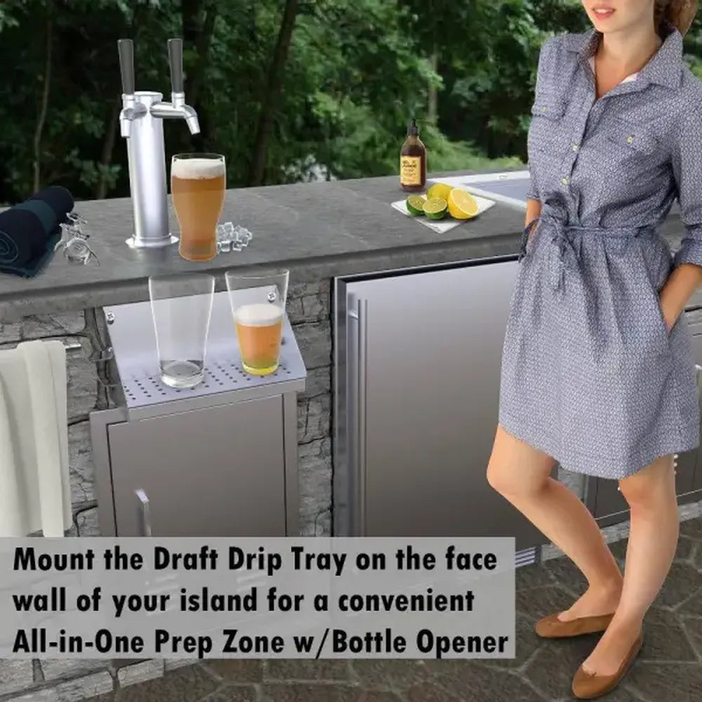Sunstone BC-DT14 beer drip tray with bottle opener mounted on outdoor kitchen island, convenient draft pour prep zone with drain tray.