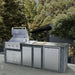 Sunstone 21-inch stainless fridge trim installed in outdoor kitchen island beside grill and cabinets, 304 SS built-in appliance trim.