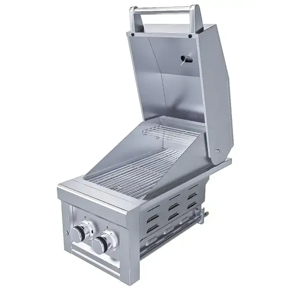 Angled view of Sunstone SUN13CPRO-HOOD 13" 304 stainless grill hood open, with warming rack, grill grate, and dual front knobs.