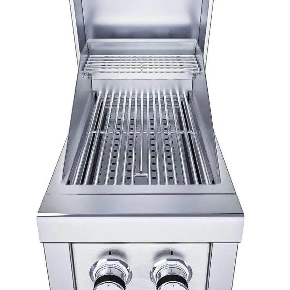 Sunstone SUN13CPRO-HOOD 13-inch 304 stainless grill hood open, showing warming rack and stainless grate over heat shield tray.