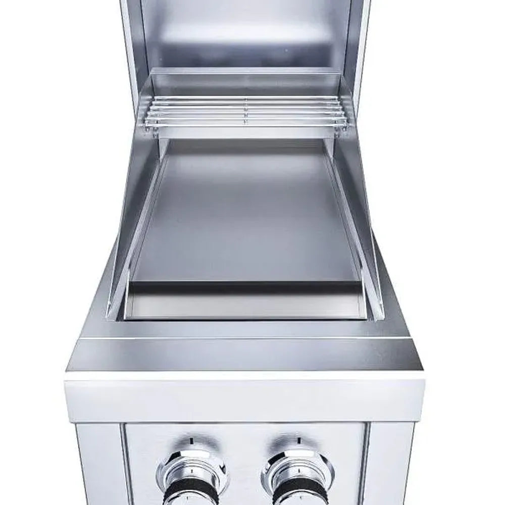 Open Sunstone SUN13CPRO-HOOD 13" 304 stainless grill hood showing interior warming rack and flat cooking surface area.