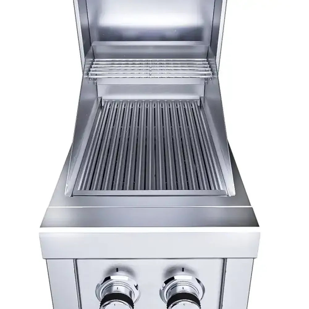 Sunstone SUN13CPRO-HOOD 13-inch 304 stainless grill hood open, featuring warming rack and full-width stainless grill grates.