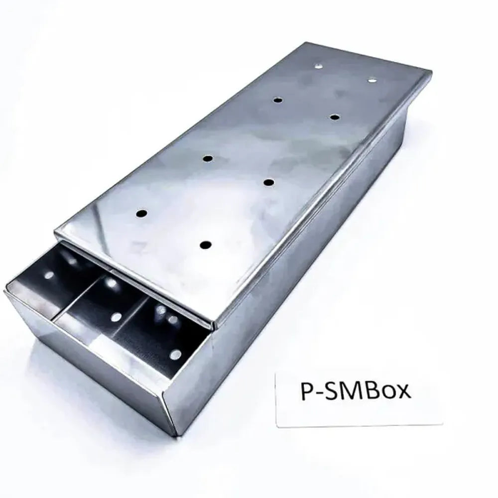 Sunstone P-SMBox 304 stainless steel smoker box for grill, rectangular lidded box with vent holes, shown open end view on white background.