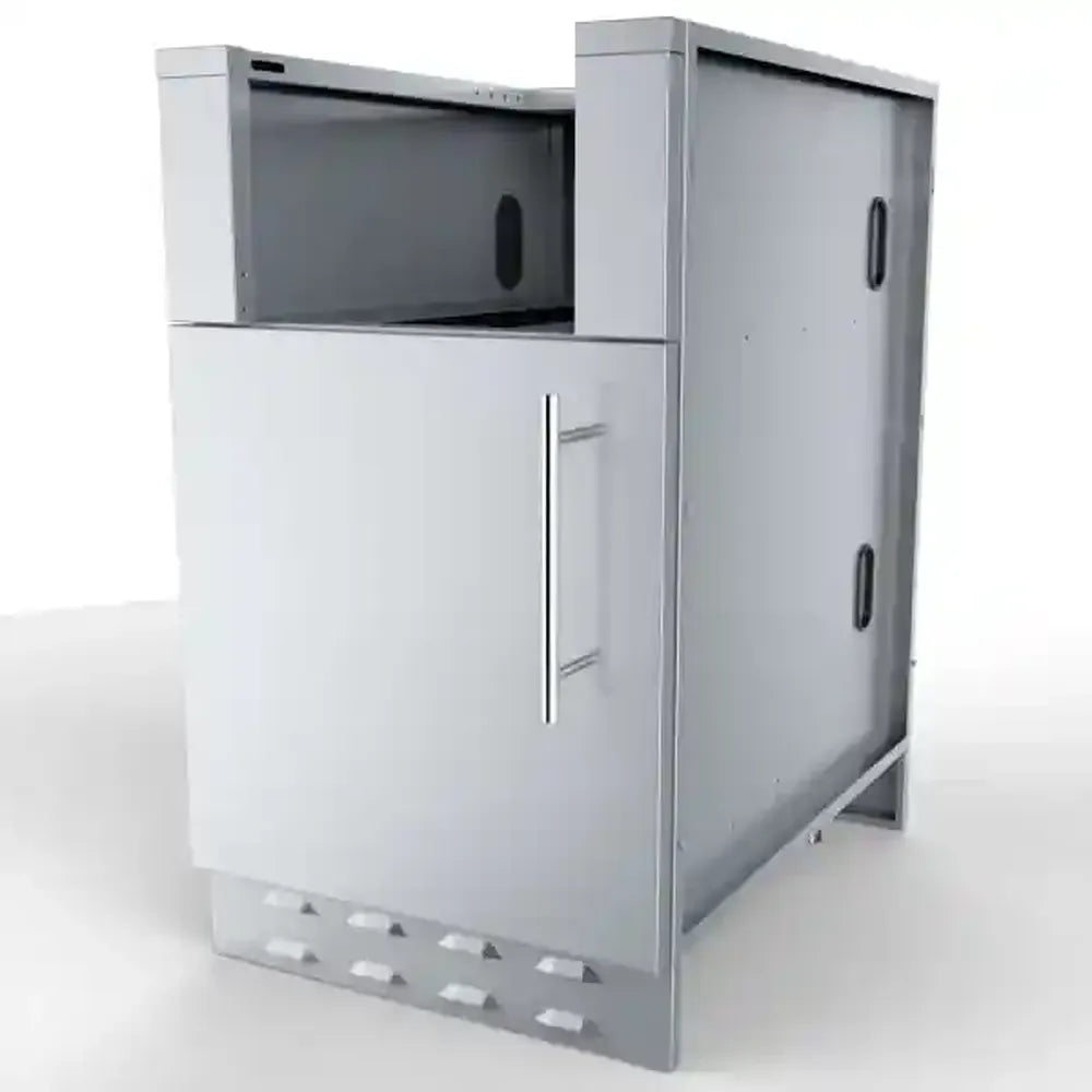 Angled view of Sunstone SAC20CSDL 20-inch appliance cabinet with left-hinged door, stainless panels and utility access cutouts for BBQ islands.