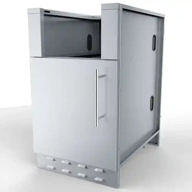 Angled view of Sunstone SAC20CSDL 20-inch appliance cabinet with left-hinged door, stainless panels and utility access cutouts for BBQ islands.