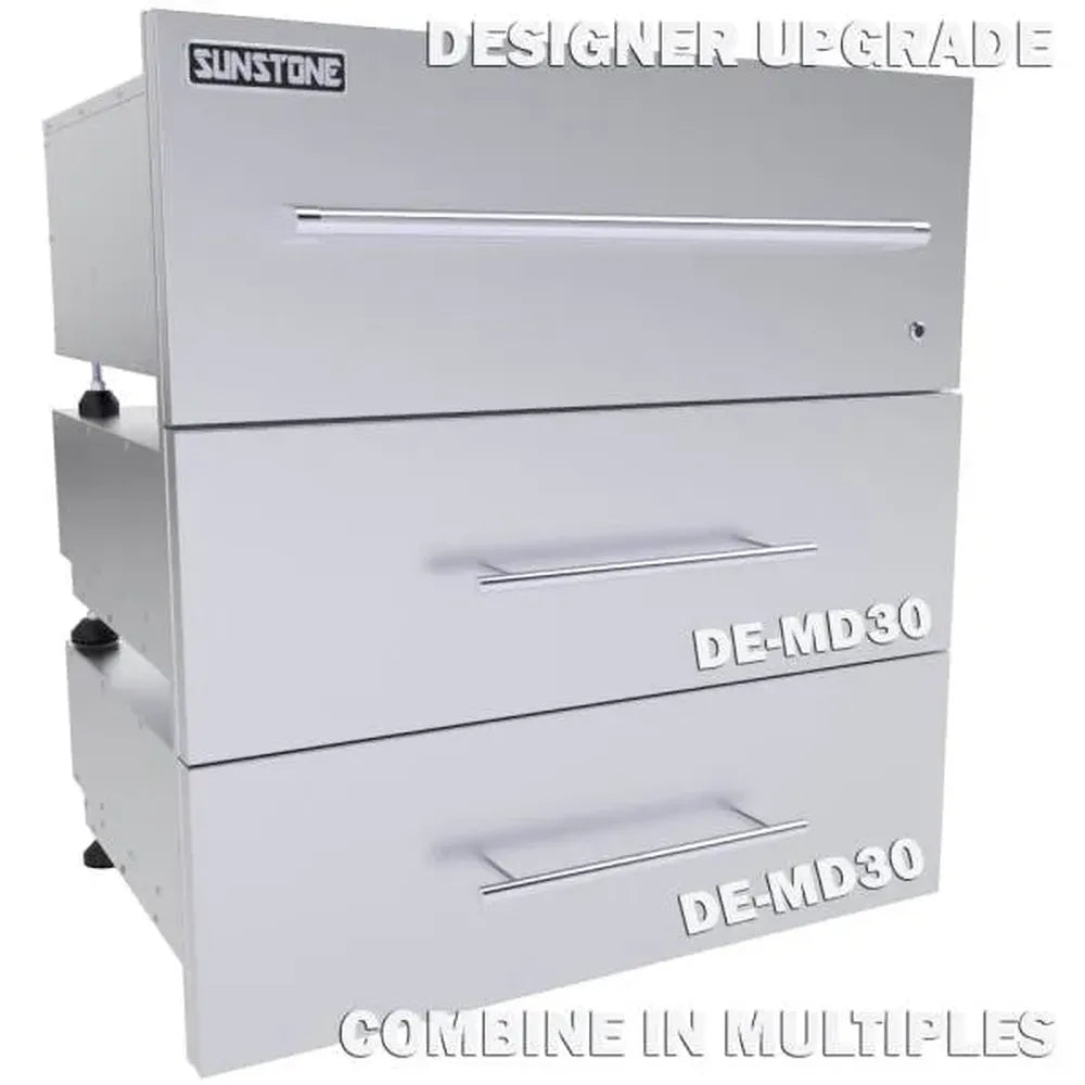 Sunstone SAP30WDDE Designer Face Panel for 30-inch warming drawer stacked vertically with two Sunstone DE-MD30 medium designer drawers in a stainless steel outdoor kitchen configuration.