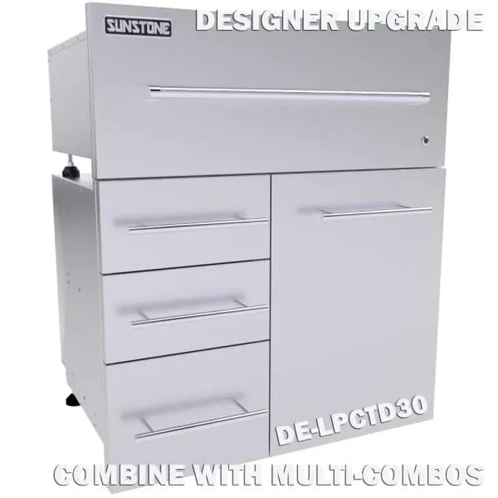 30-inch warming drawer featuring a Sunstone Designer Series face panel integrated above a DE-LPCTD30 multi-drawer and cabinet combo unit for a cohesive outdoor kitchen design.