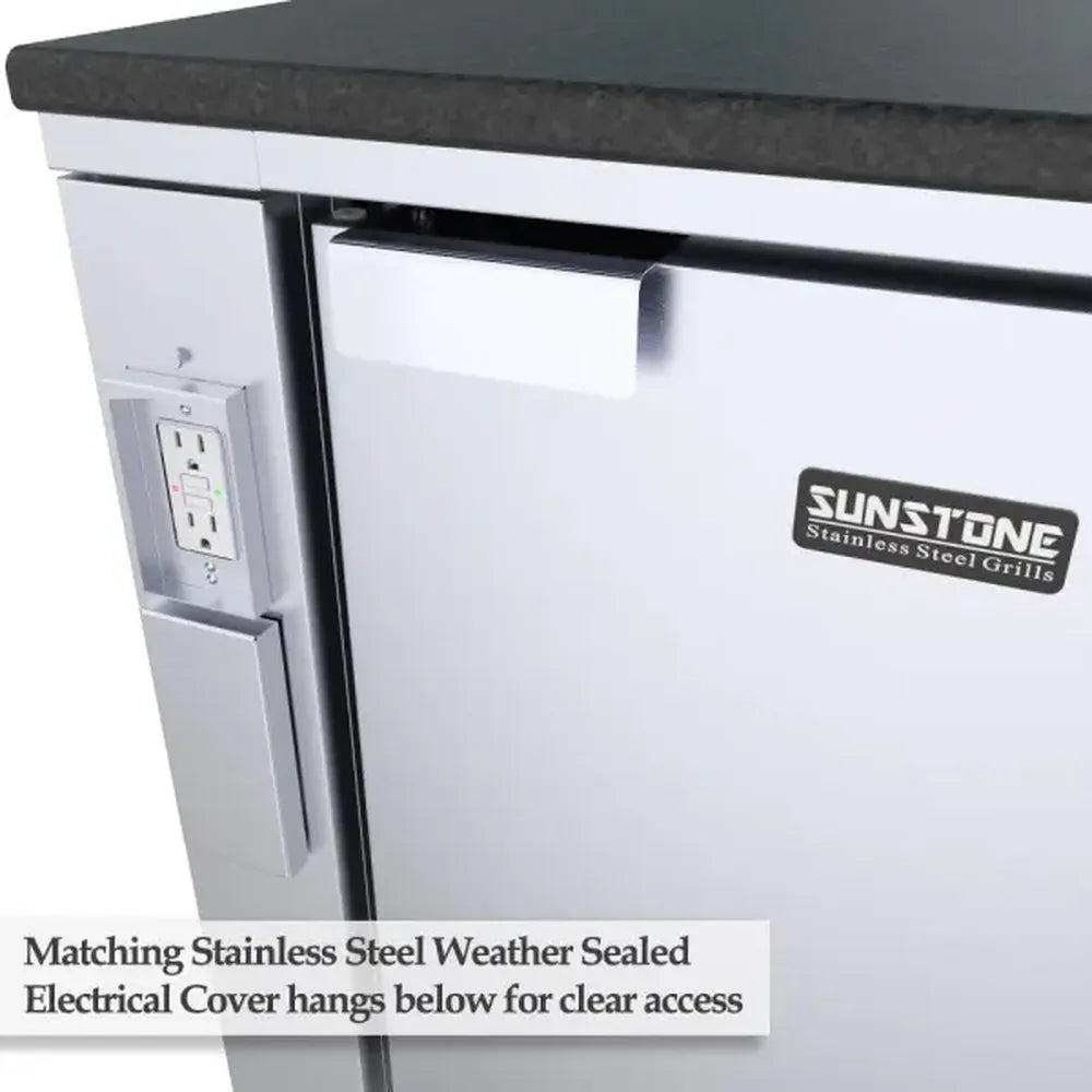 Close-up of Sunstone outdoor kitchen 4" partition panel electrical outlet area with weather-sealed stainless cover for easy access.