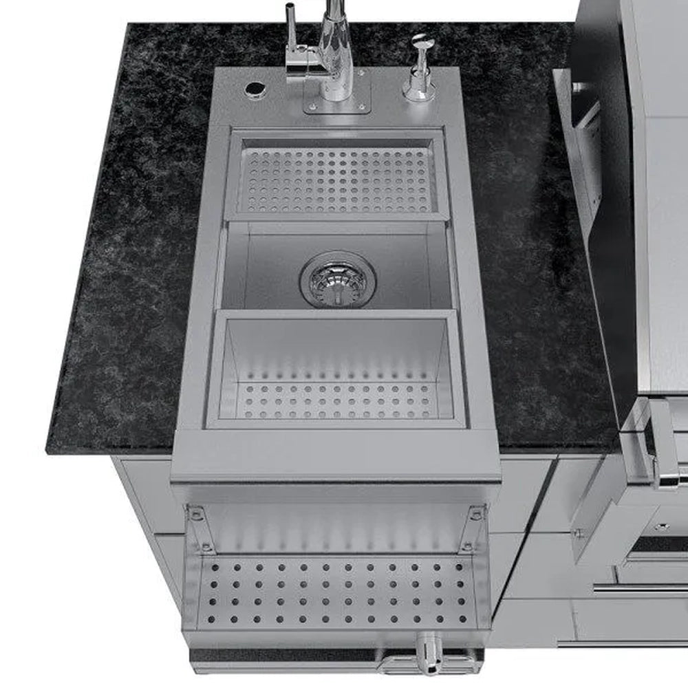 Top view of the Sunstone Caprice outdoor sink featuring removable perforated stainless steel prep trays and a speed rail for organized outdoor food preparation.