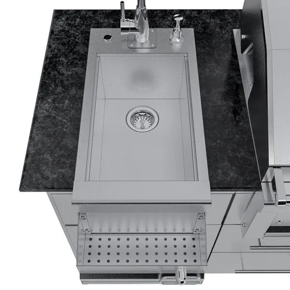High-angle view of the deep Sunstone Caprice stainless steel sink basin with a center drain, part of the 6′4″ luxury outdoor kitchen island.