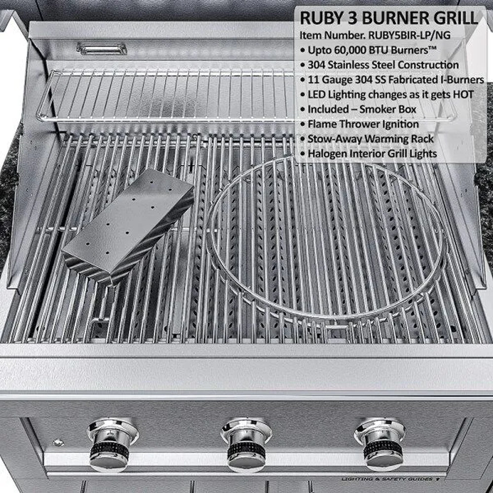 Close-up of Ruby 3 Burner Grill interior featuring 11 gauge I-burners, stow-away warming rack, and smoker box accessory.