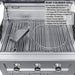 Close-up of Ruby 3 Burner Grill interior featuring 11 gauge I-burners, stow-away warming rack, and smoker box accessory.
