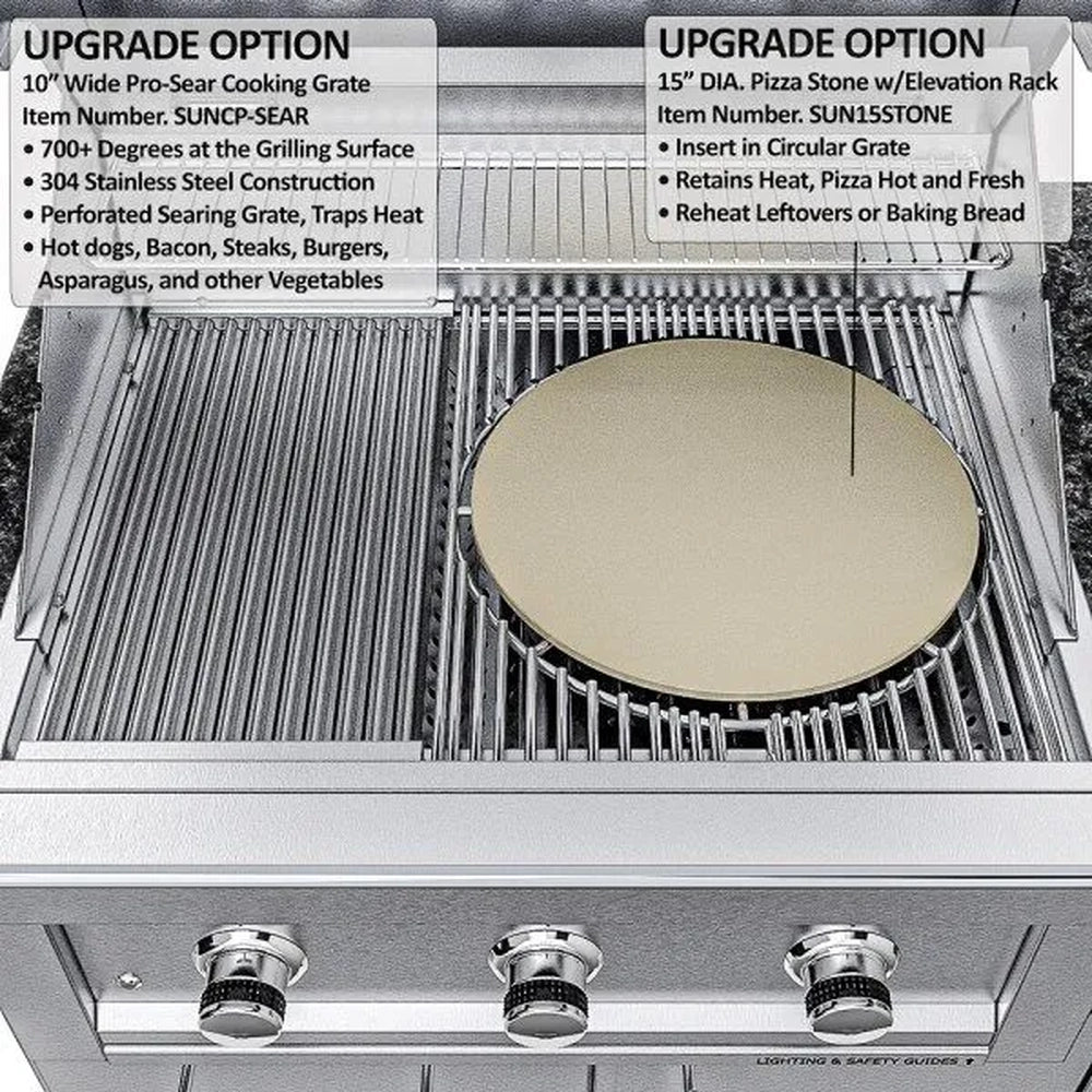 Sunstone Ruby grill upgrade options showing 10-inch pro-sear cooking grate and 15-inch diameter pizza stone with rack.