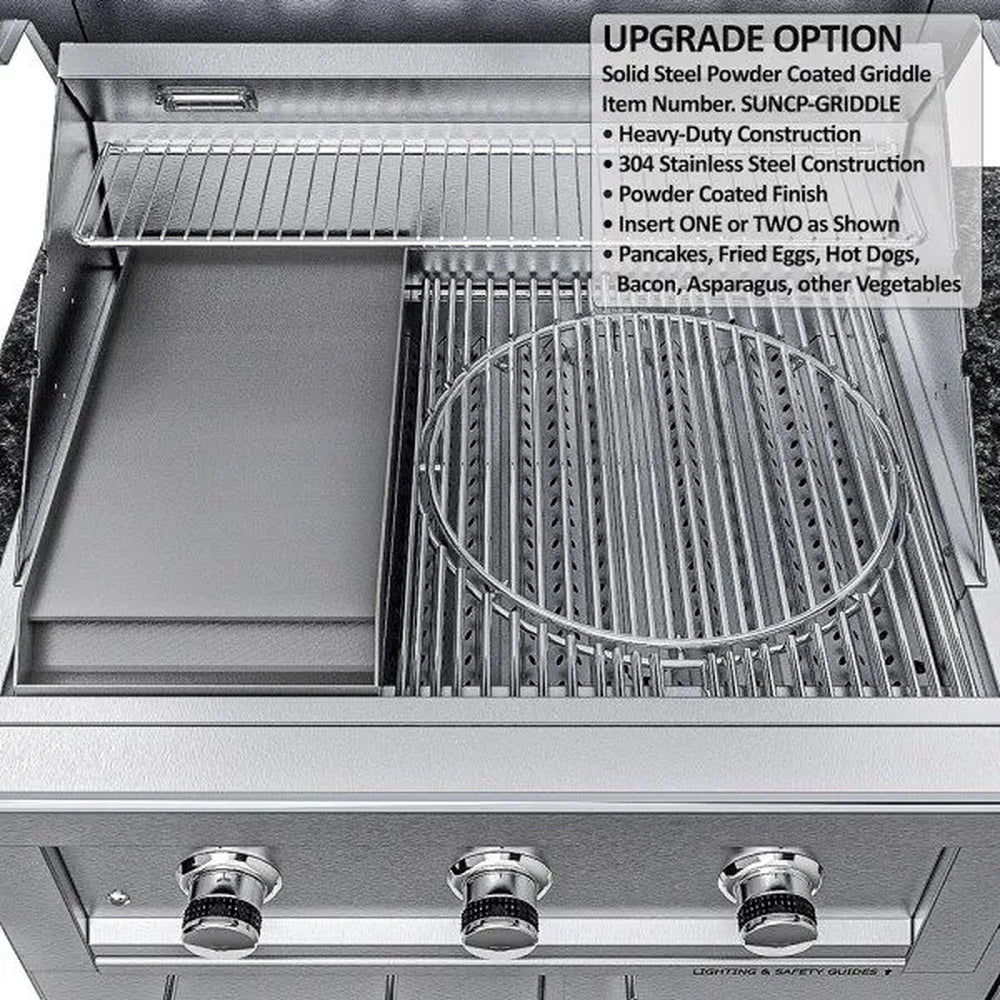 Sunstone Caprice grill interior showing the solid steel powder-coated griddle plate (SUNCP-GRIDDLE) upgrade next to standard cooking grates and a circular warming rack.