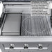 Sunstone Caprice grill interior showing the solid steel powder-coated griddle plate (SUNCP-GRIDDLE) upgrade next to standard cooking grates and a circular warming rack.