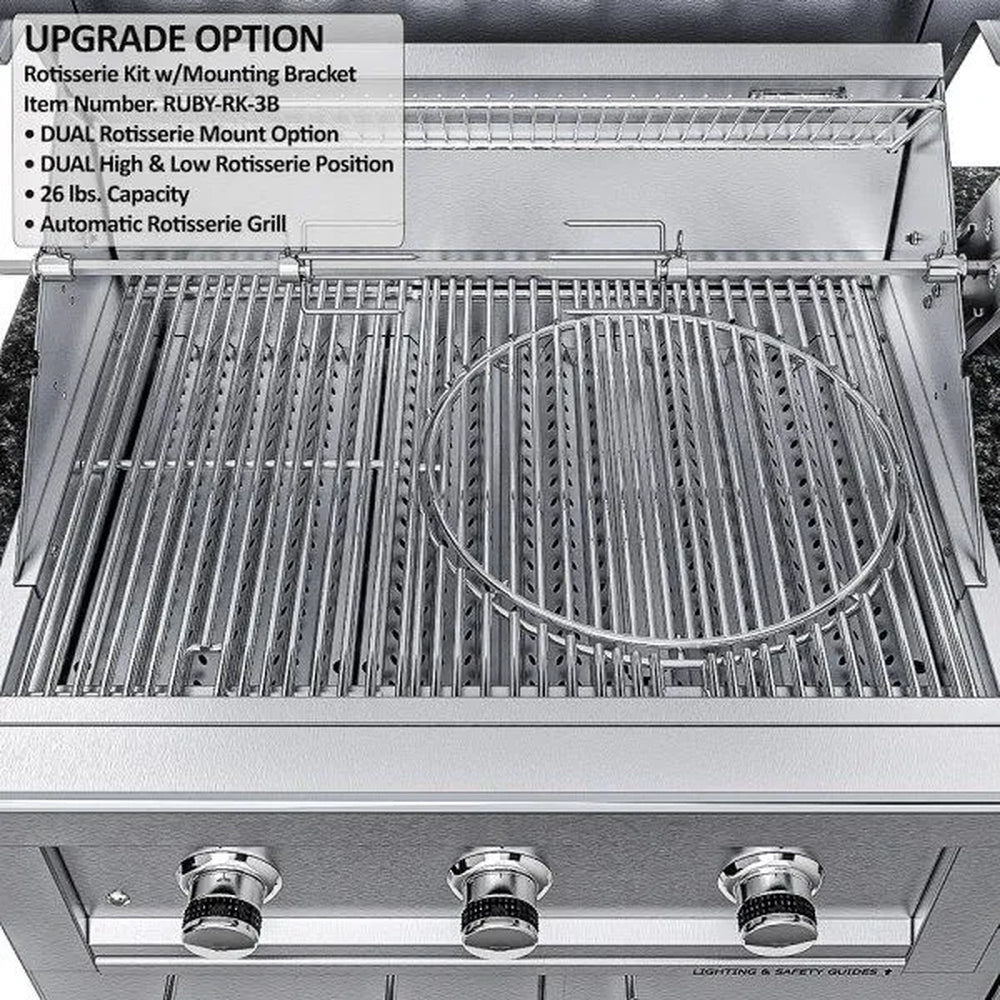 Interior view of the Sunstone Caprice gas grill with the RUBY-RK-3B single rotisserie kit upgrade mounted above the heavy-duty stainless steel cooking grates.