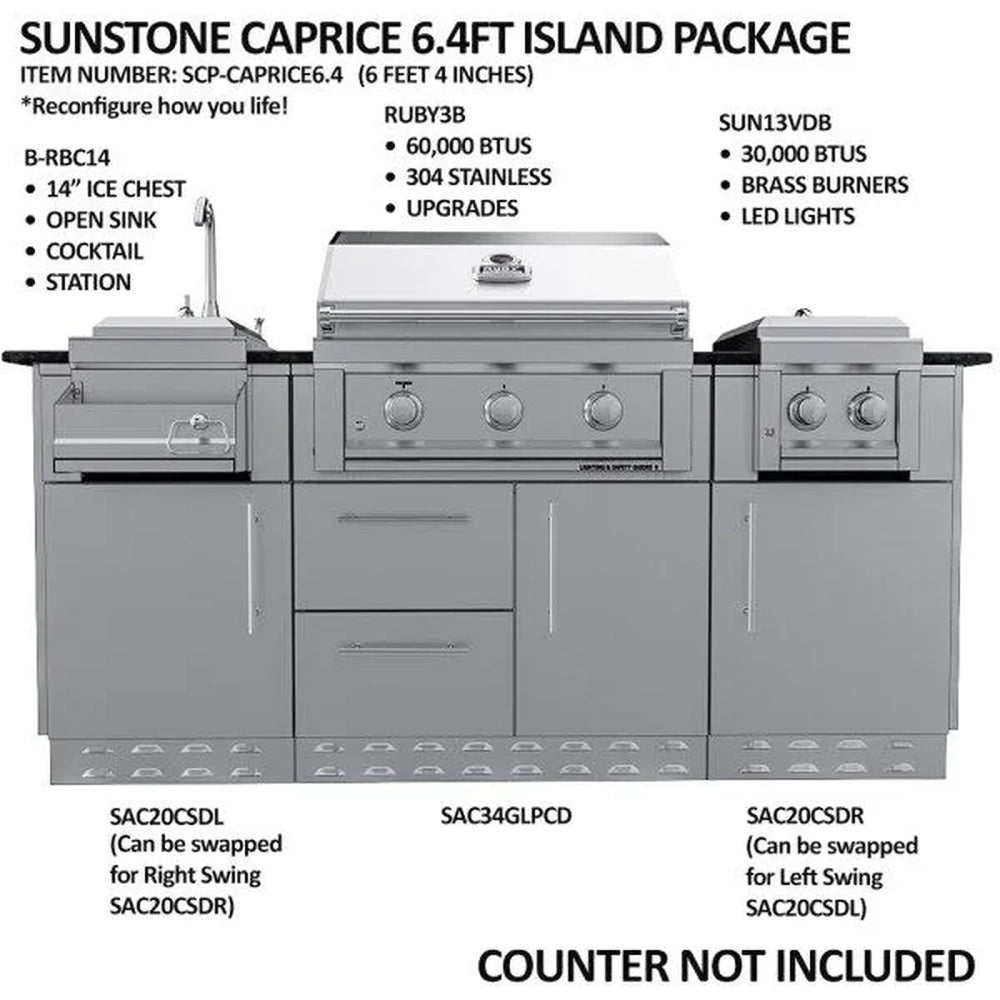 Sunstone Caprice 6.4ft island package diagram highlighting Ruby 3B grill specs, BTU ratings, and interchangeable cabinet doors.