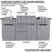 Sunstone Caprice 6.4ft island package diagram highlighting Ruby 3B grill specs, BTU ratings, and interchangeable cabinet doors.