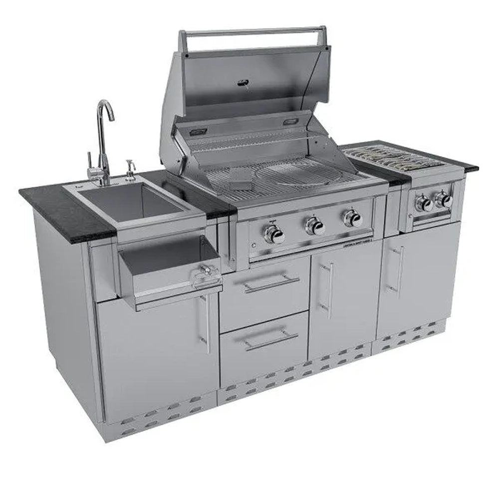 High-angle view of Sunstone Caprice 6.4ft outdoor kitchen island with open grill hood, sink, and side burner.
