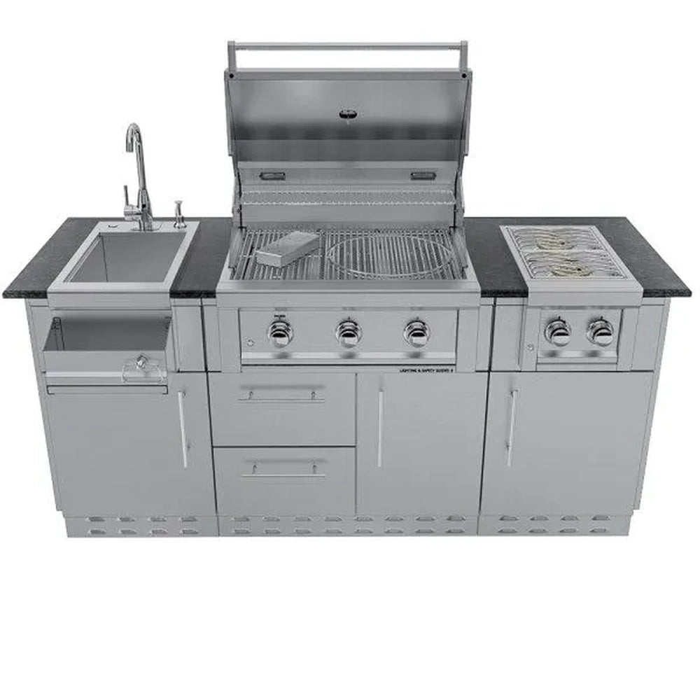 Front-facing view of Sunstone Caprice island with open Ruby grill showing internal circular grate and smoker box.